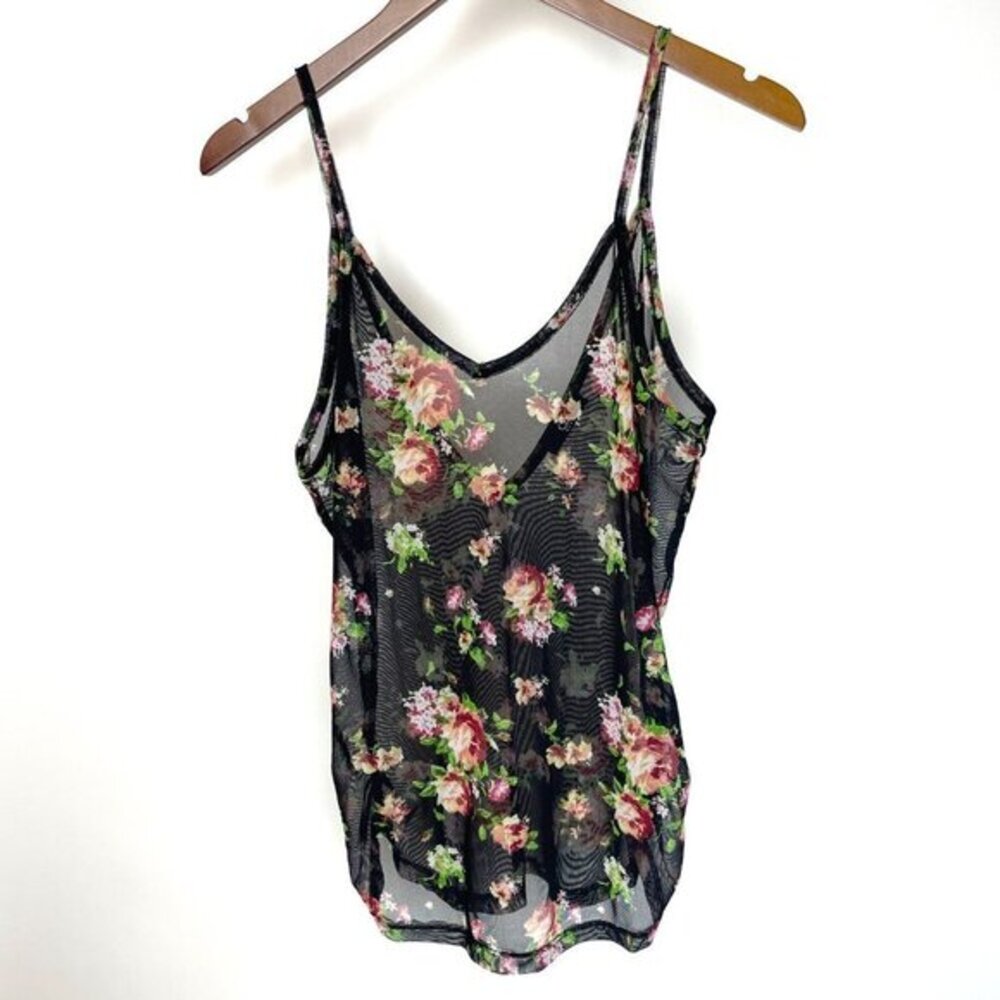 Q USA floral chiffon‎ sheer double v neck roses print spaghetti strap tan…